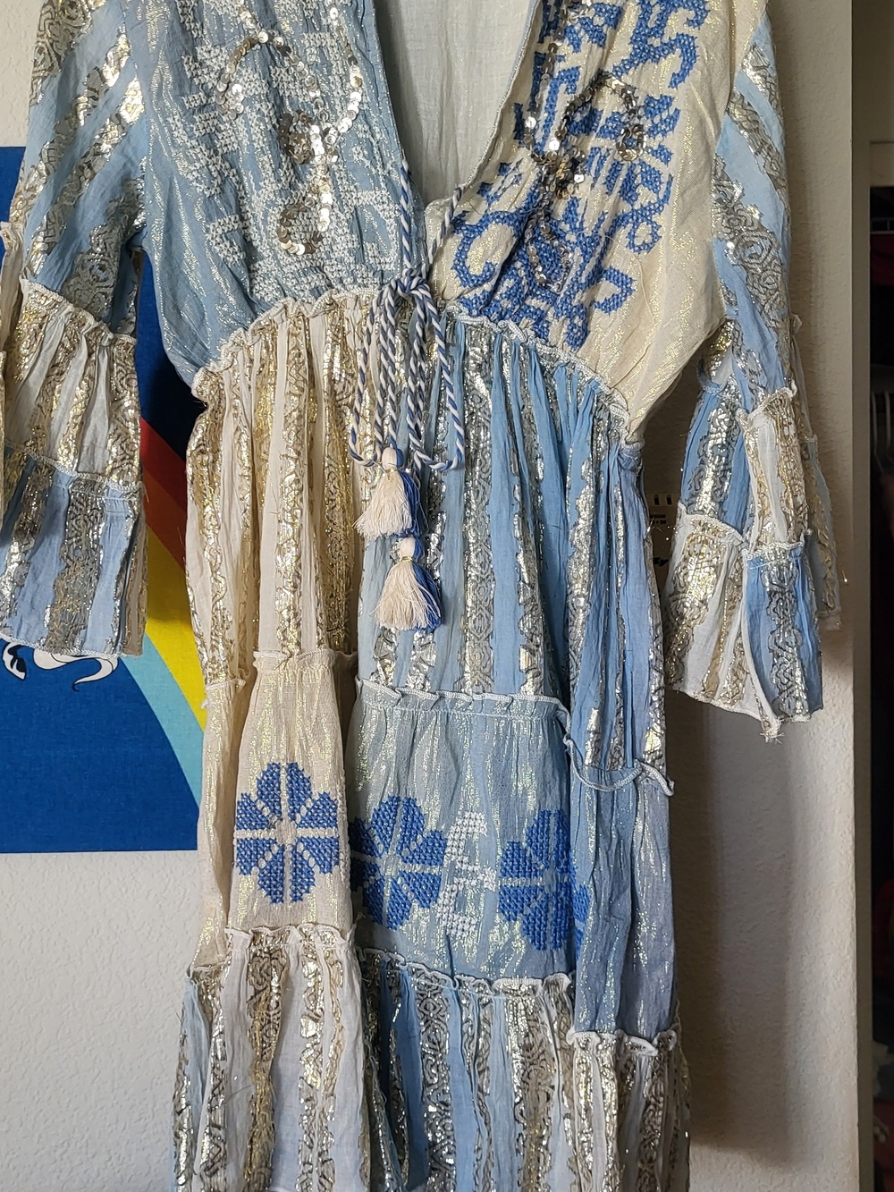 Boho Embroidered Tassel Tiered Dress in Light Blue and Cream